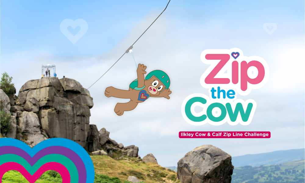Zip the Cow Ilkley Cow & Calf Zip Line Challenge. Image is the 'cow' rock in ilkley with a zip wire coming from it and Katie Bear mascot zip lining over the Ilkley Moor