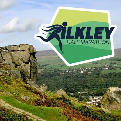 Ilkley Half Marathon with large rock and view of countryside