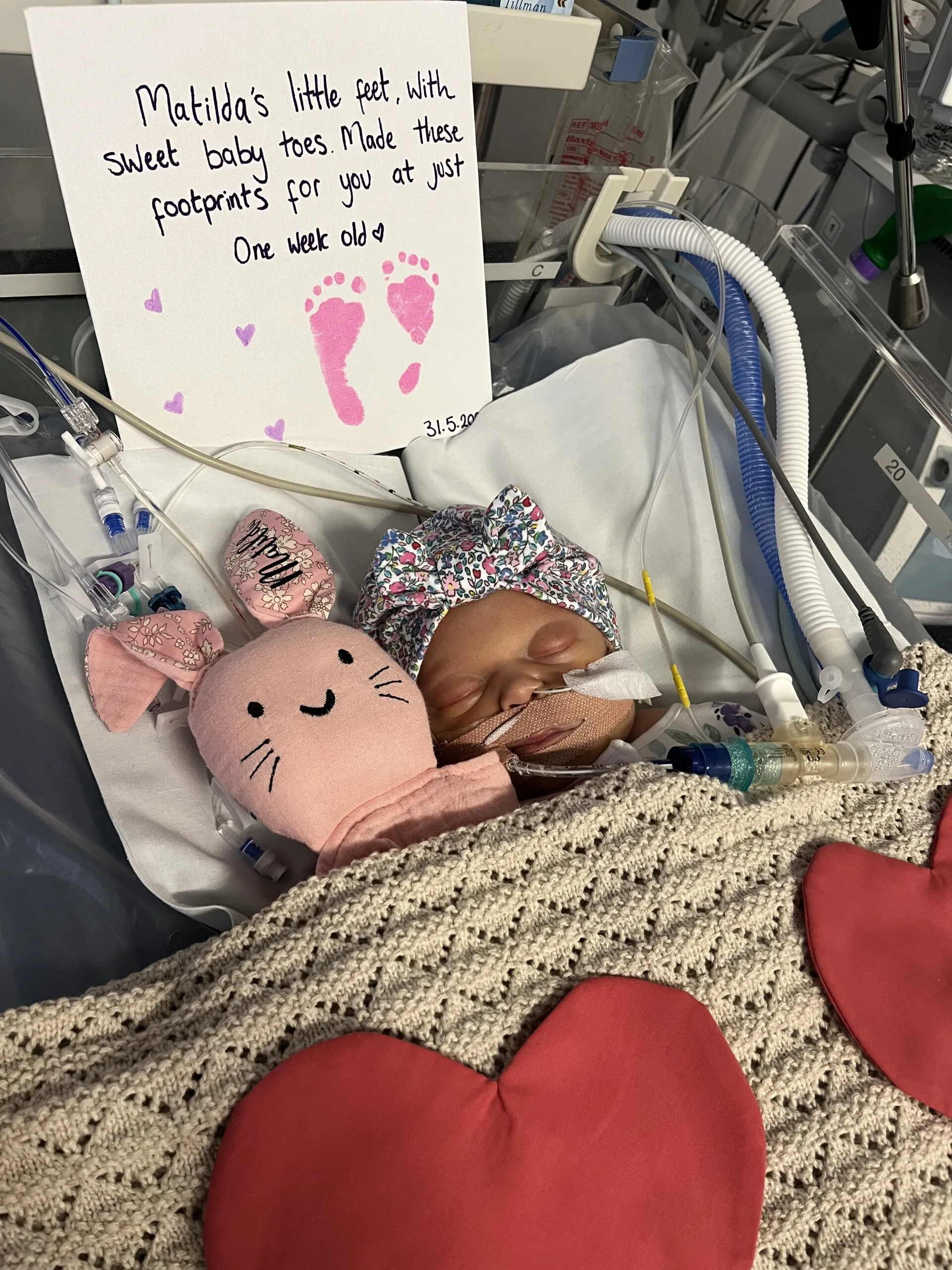 Matilda in hospital, asleep next to a pink rabbit