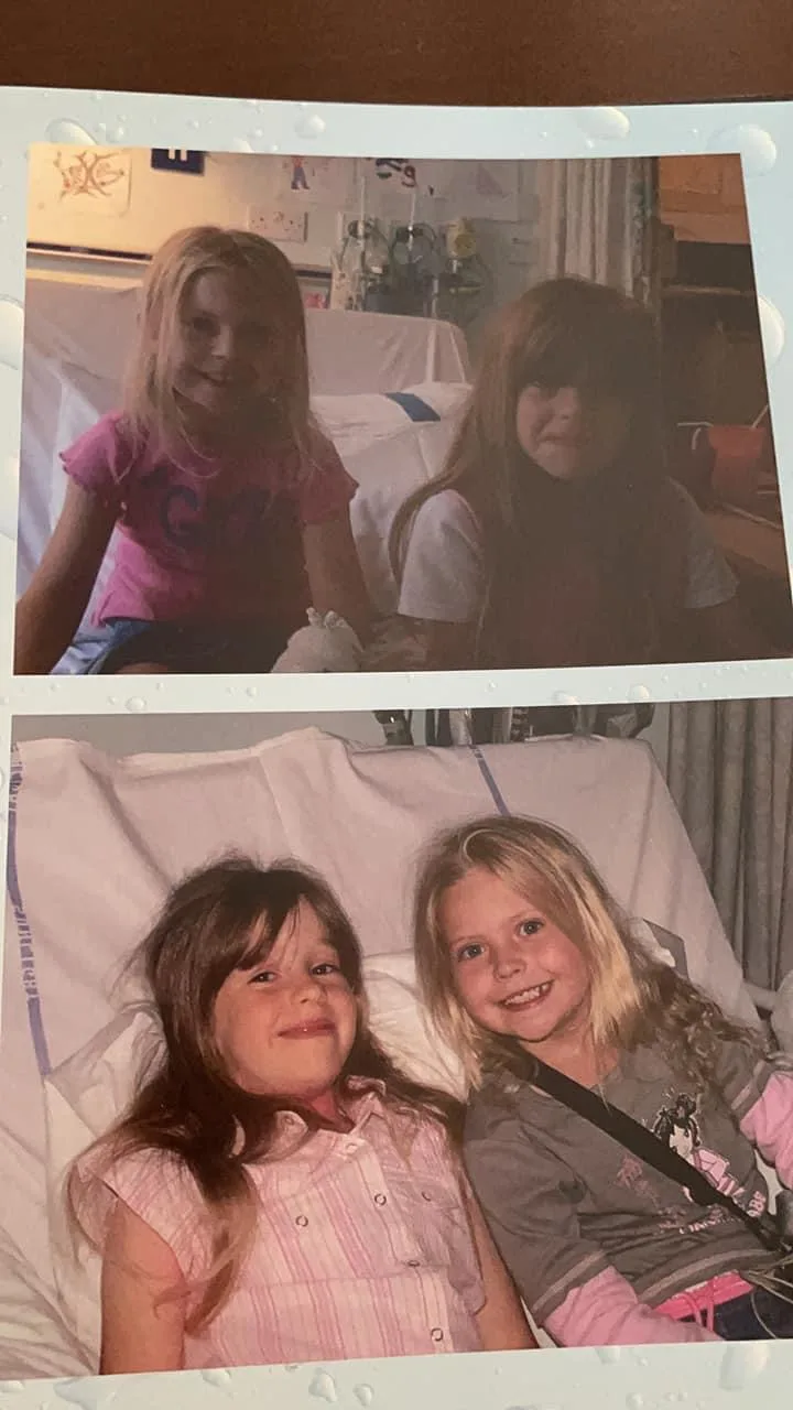 photos of jessica and a friend she met while she was in hospital when she was 8 years old. Two photos of two girls sat together on a hospital bed smiling.