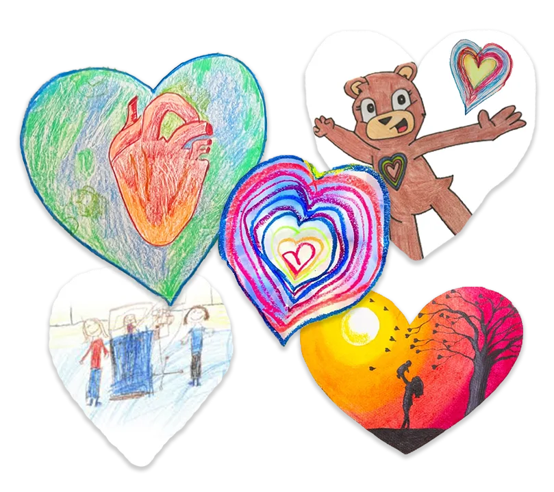 Hearts with different art designs on 1) anatomical heart with a globe background 2) a child's drawing of Katie Bear 3) different coloured hearts, inside each other 4) a child's drawing of them in a hospital bed with nurses 5) painting of a sunset, silhouette of an adult holding a child above their head, birds and a tree